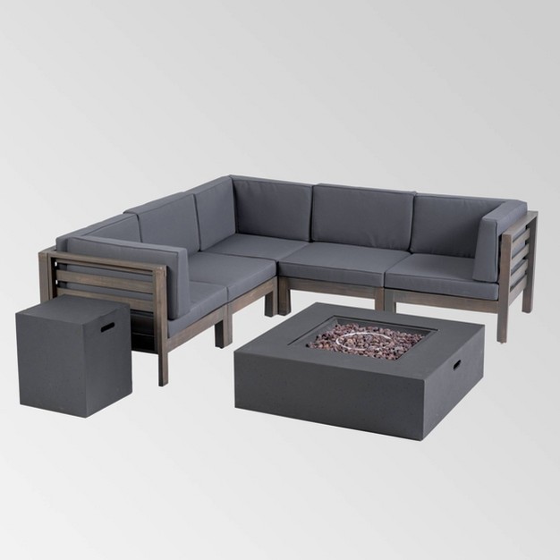 Oana 7pc Acacia V shaped Sectional Sofa With Fire Pit Set Gray dark Gray Christopher Knight Home