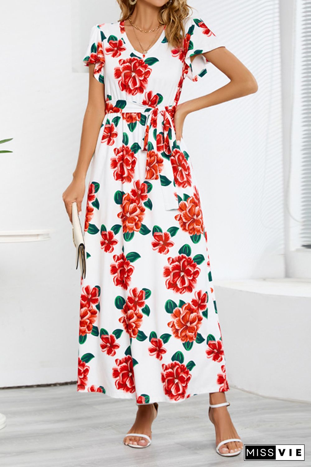 V Neck Short Sleeves Floral Maxi Dress