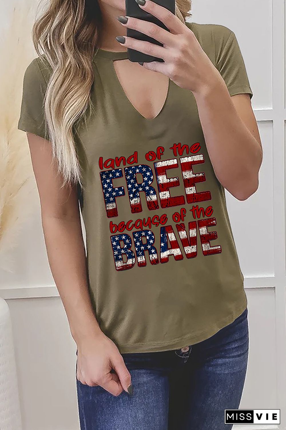 Land of the free because of the brave Graphic Tees for Women Wholesale Short Sleeve T shirts Top