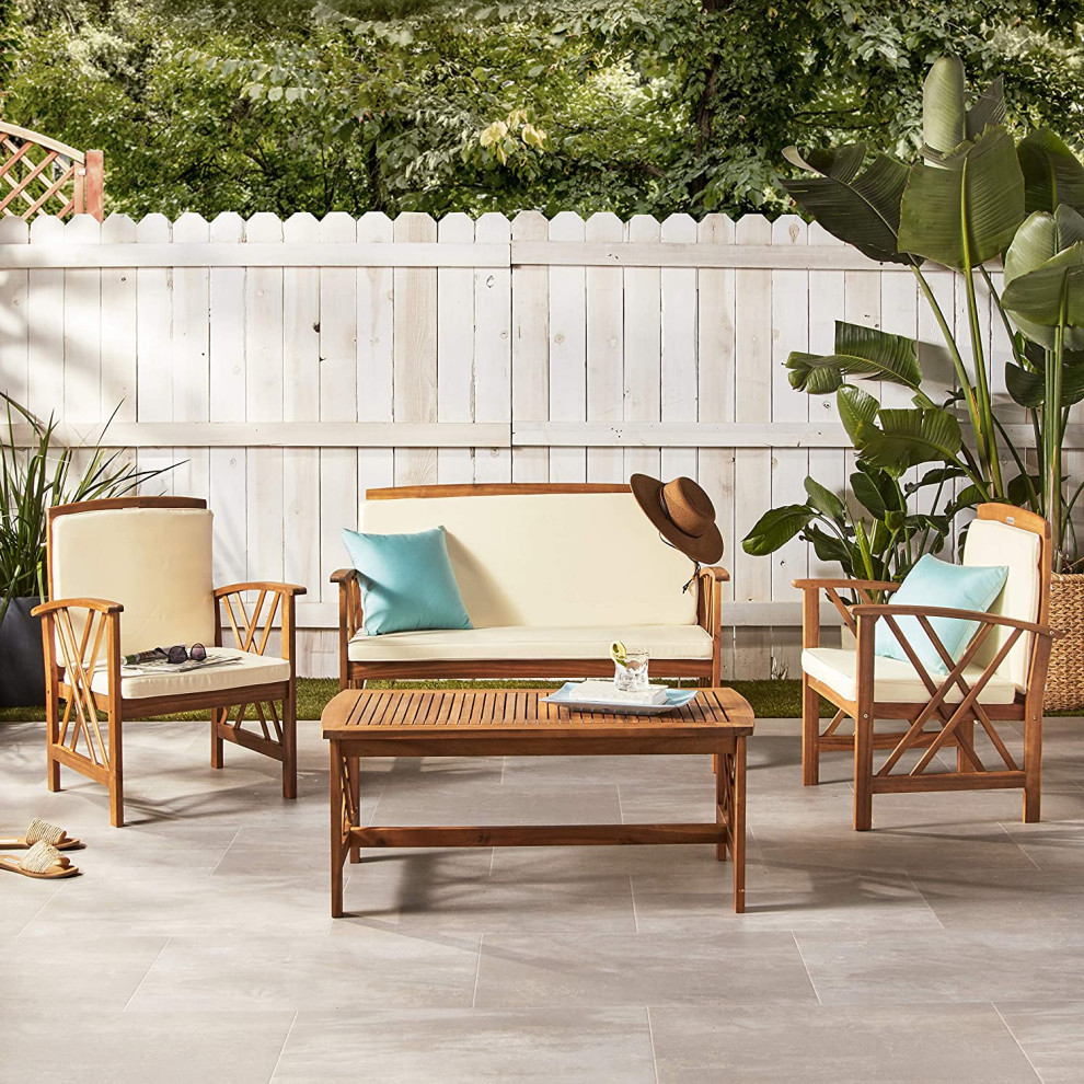 4 Pieces Patio Conversational Set  Coffee Table and Padded Chairs   Transitional   Outdoor Lounge Sets   by Declusia  Houzz