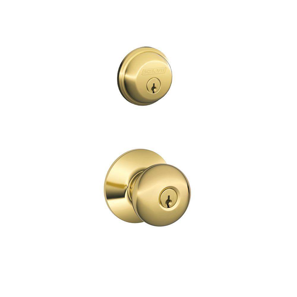 Schlage Plymouth Bright Brass Double Cylinder Deadbolt and Keyed Entry Door Knob Combo Pack FB52N V PLY 505 605