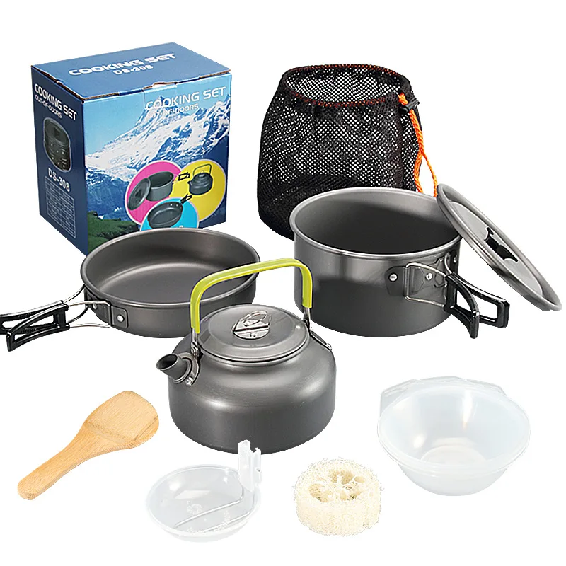 Outdoor DS 308 Pot Set Combination Alumina Portable Camping Pans With Accessories Mesh Set Bag For Backpacking  Hiking  Picnic