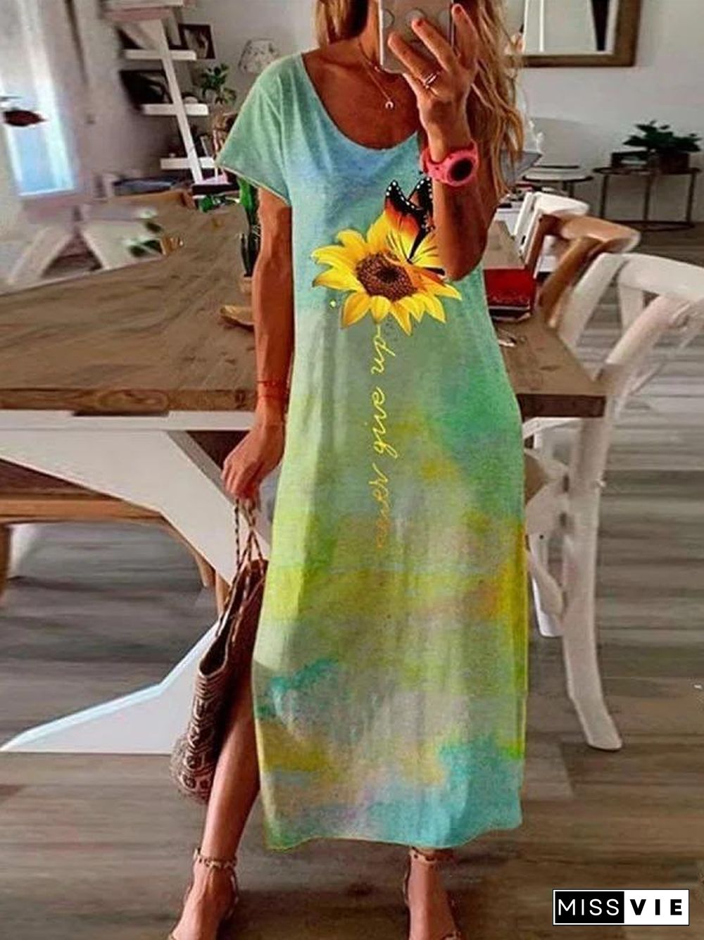 Short Sleeve Sunflower Tie-Dye Summer Dress