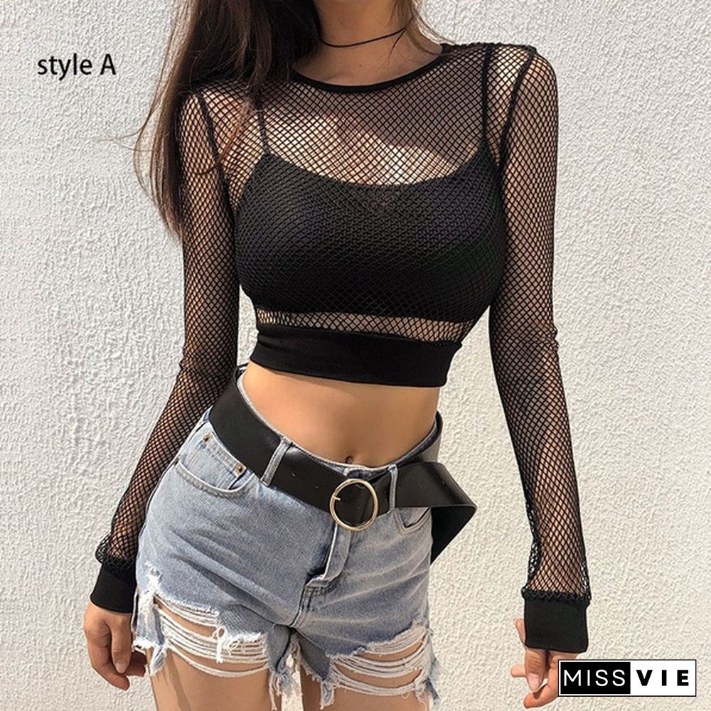 Women's Summer Fashion Black Fishnet Tops Sexy Hollow Long Sleeve Mesh Tops T-shirt Sheer Tops