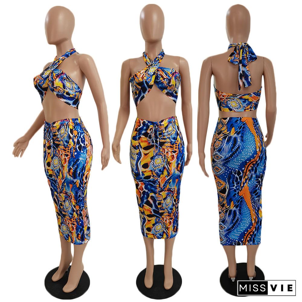 Fashion Abstract Printed Halter Crop Top Midi Skirts Strench Women Clothing Party Elegant 2 Piece Set