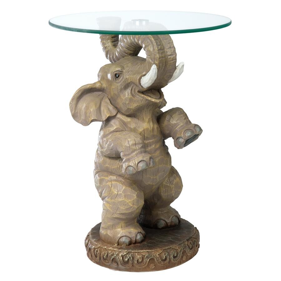 Design Toscano Good Fortune Elephant Sculpture Glass Topped Table   16 x 16 x 21.5