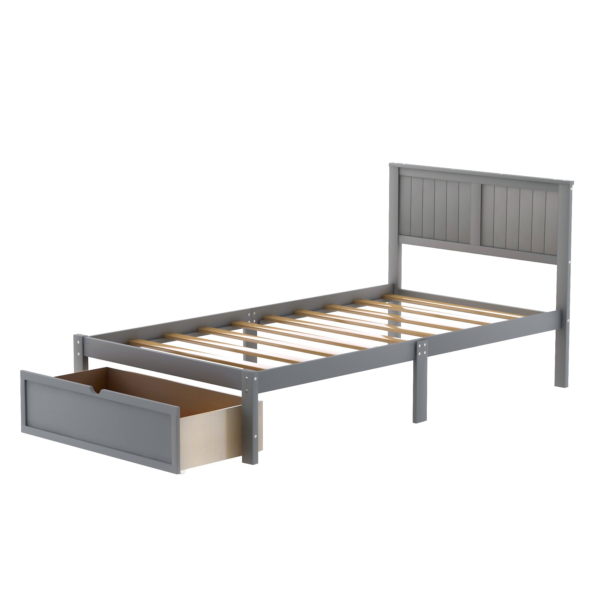 Twin Wood Platform Bed with Headboard & Big Storage Drawer for Kids, Gray