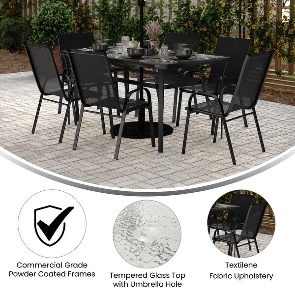 Commercial 7 Pc Outdoor Patio Dining Set with Glass Table and 6 Chairs