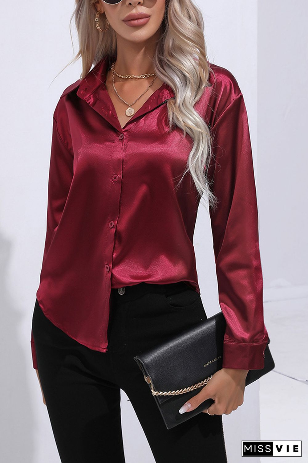 Plain Silky Open Button Long Sleeves Blouse Shirt