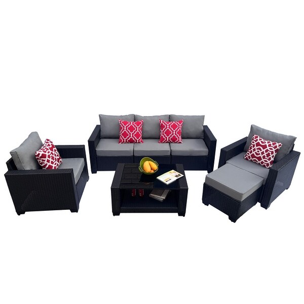 Modern 7PC PE Rattan Wicker Sofa Set，Cushioned Outdoor Furniture，Coffee Table