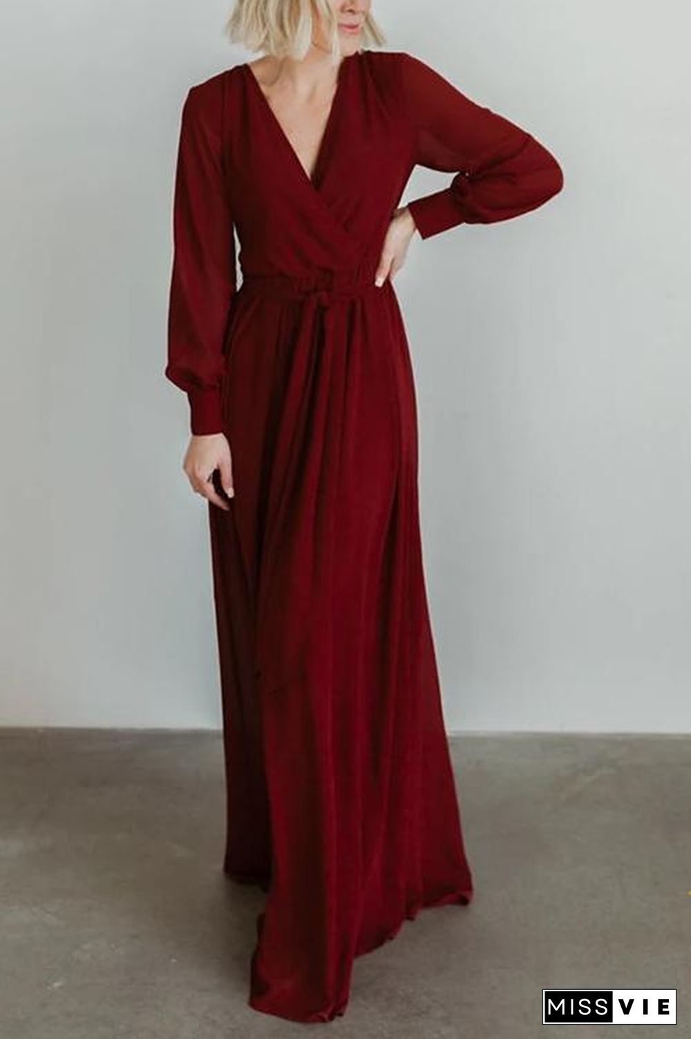 Button Puff Sleeve Belted Maxi Dress