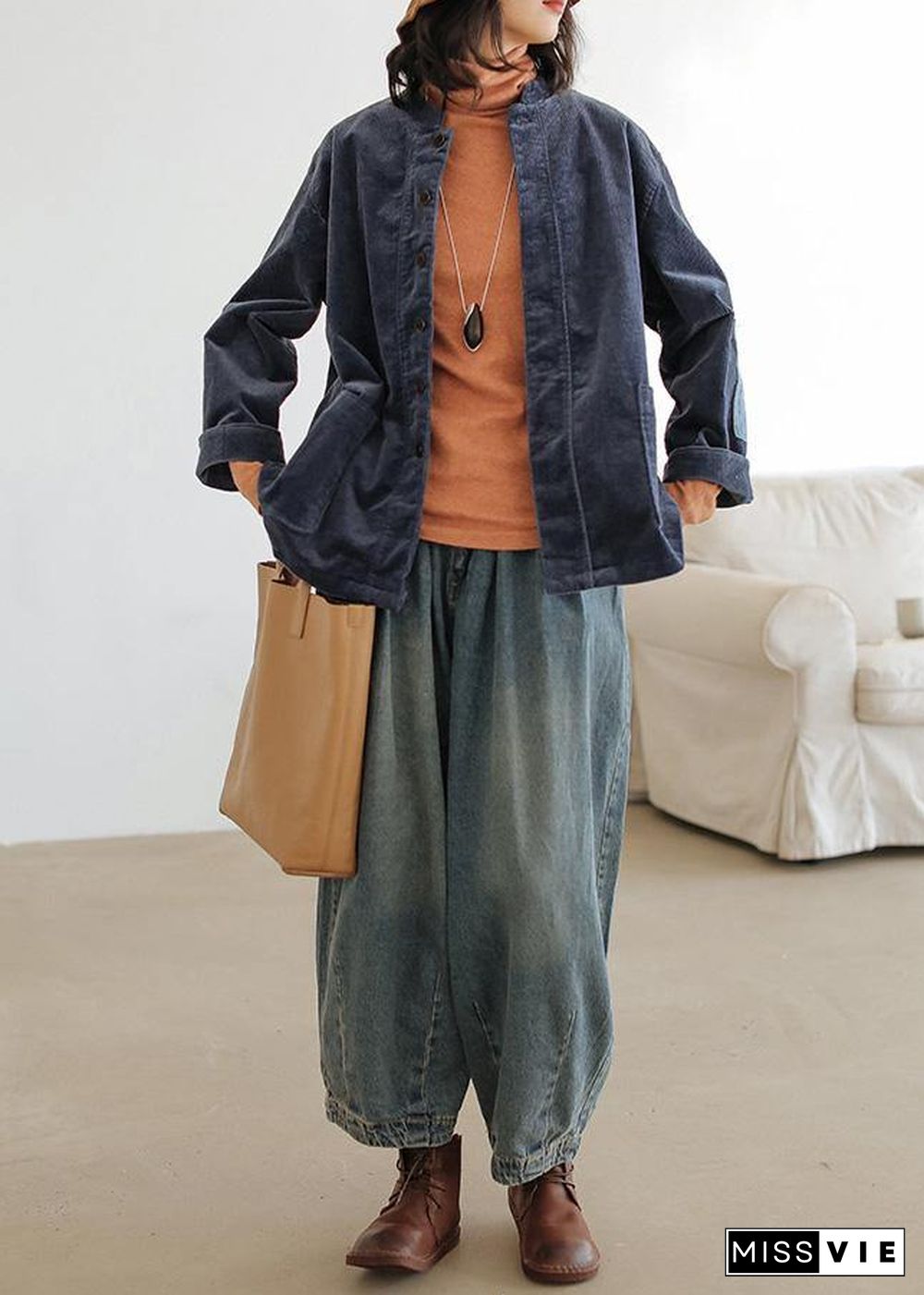 Modern denim blue pants oversize wide leg pants cotton Fabrics casual pants