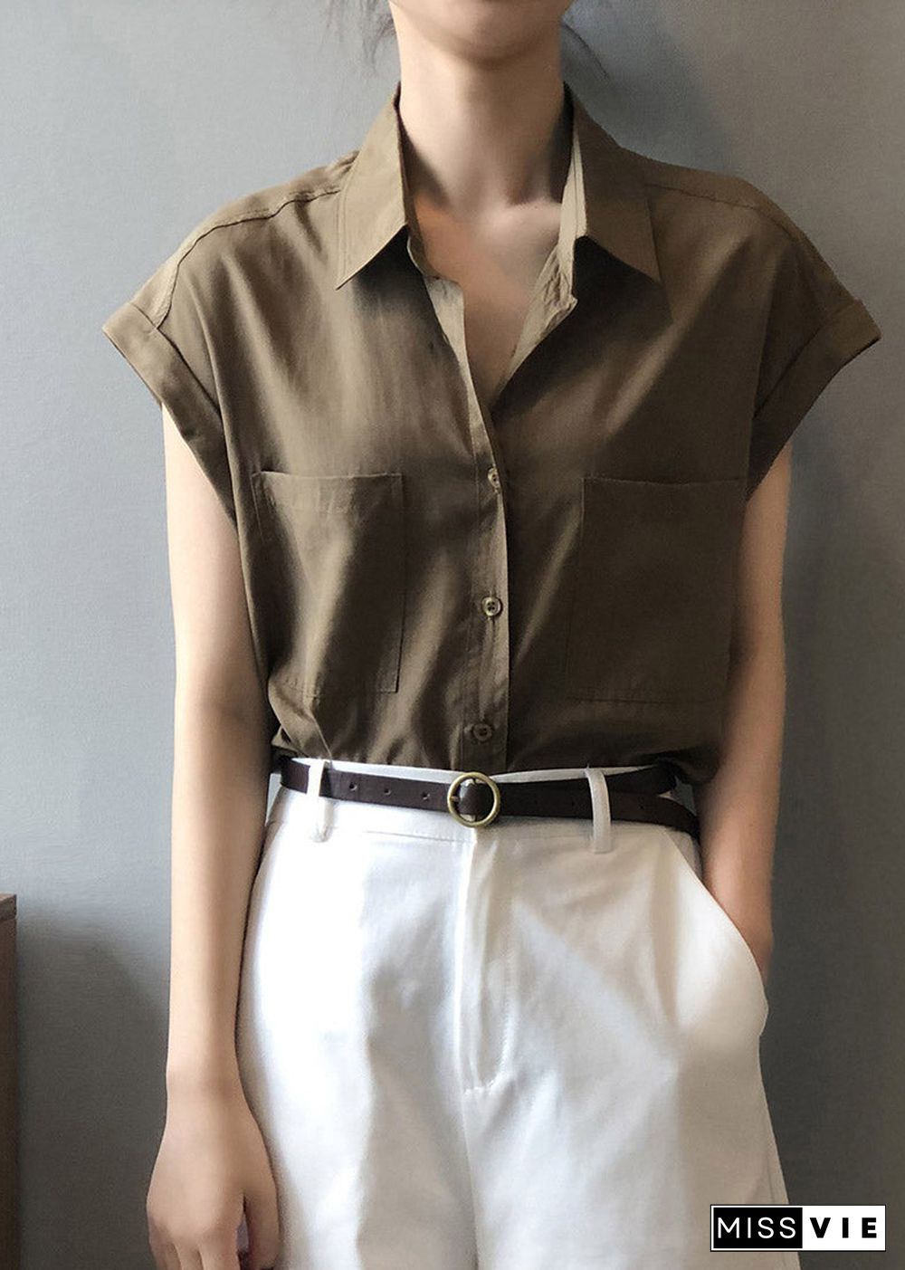 Coffee Button Solid Loose Shirts Short Sleeve