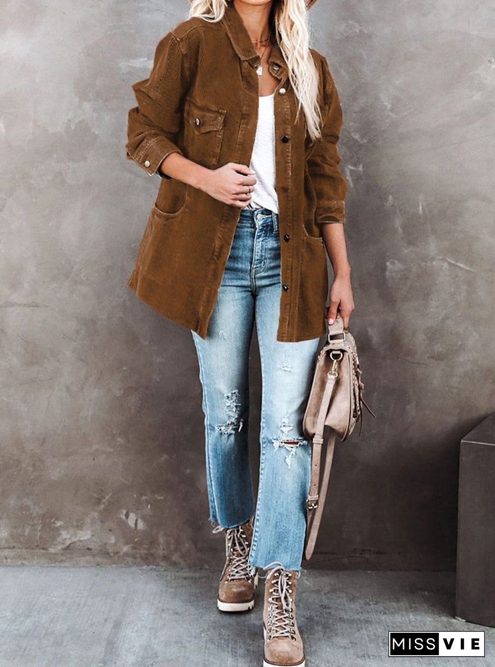 Casual Button And Pocket Corduroy Jacket Women