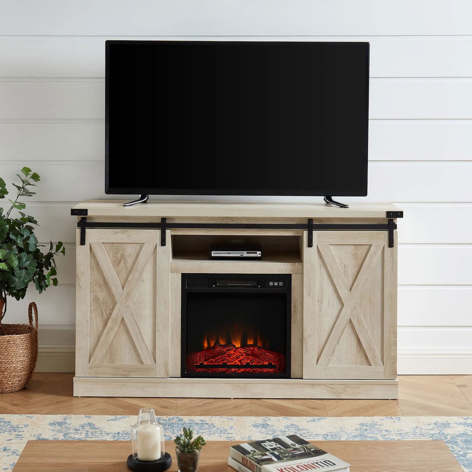 Edyo Living Electric Fireplace TV Stand Table with Sliding Barn Door