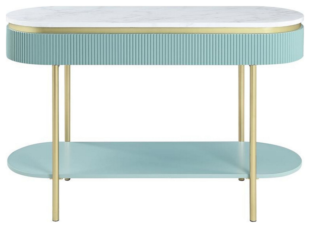 Ville 48 Inch Sofa Console Table White Faux Marble Top Teal Reeded Edge   Console Tables   by Dot  ampBo  Houzz