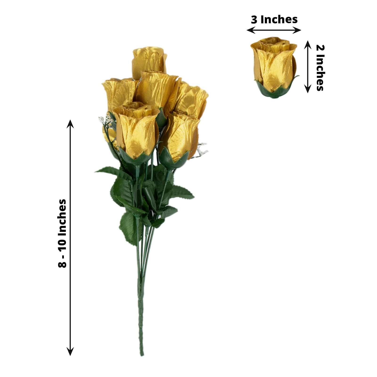 12 Bushes Gold Artificial Premium Silk Flower Rose Bud Bouquets