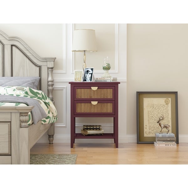 Wooden End Table with 2 Drawers Made Of Rattan