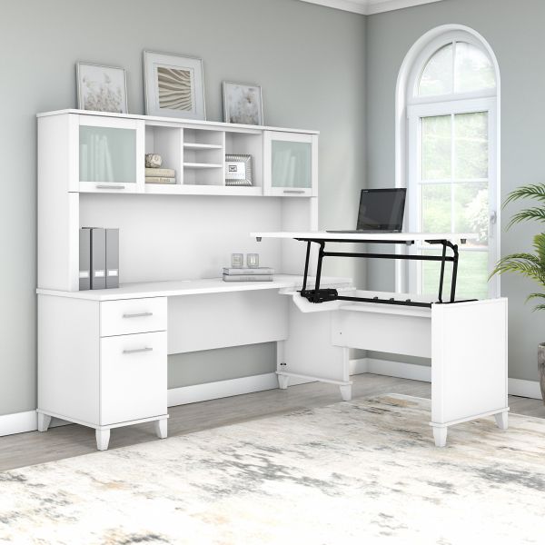 Bush Furniture Somerset 72W 3 Position Sit to Stand L Shaped Desk with Hutch in White