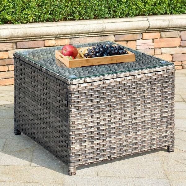 OVIOS Patio Outdoor Wicker Coffee Table with Glass Top