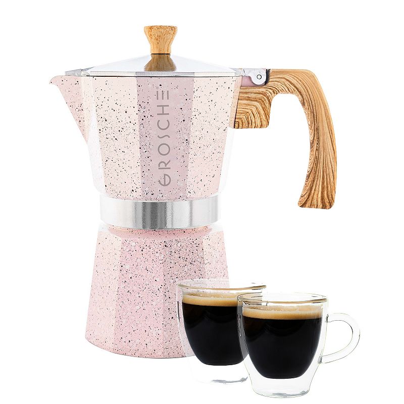 GROSCHE Milano Stone Stovetop Espresso Coffee Maker and TURIN Glass Espresso Cup Set