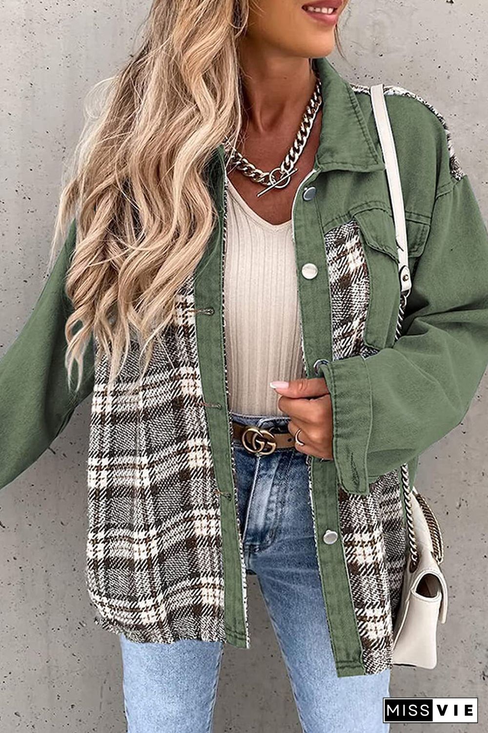 Plaid Splicing Open Button Denim Jacket