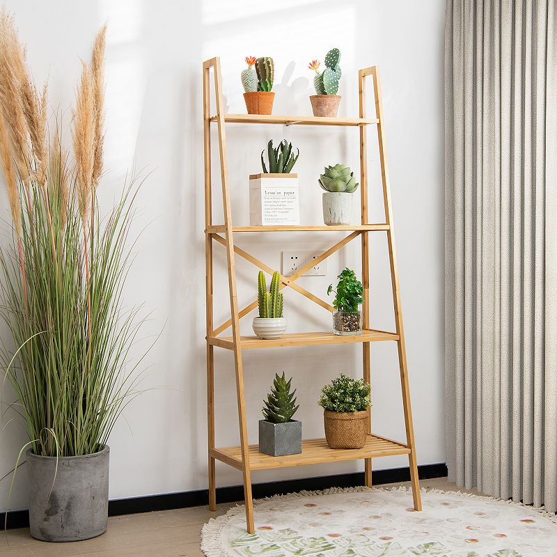 58 Inch 4-Tier Wicker Ladder Bookshelf-Natural