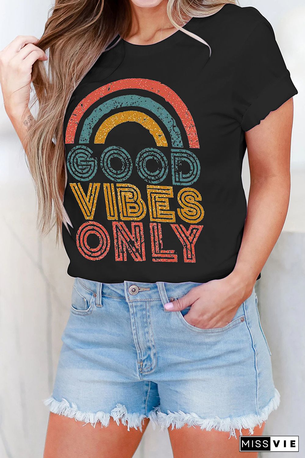 GOOD VIBES ONLY Print Graphic Tees for Women Wholesale Short Sleeve T shirts Top