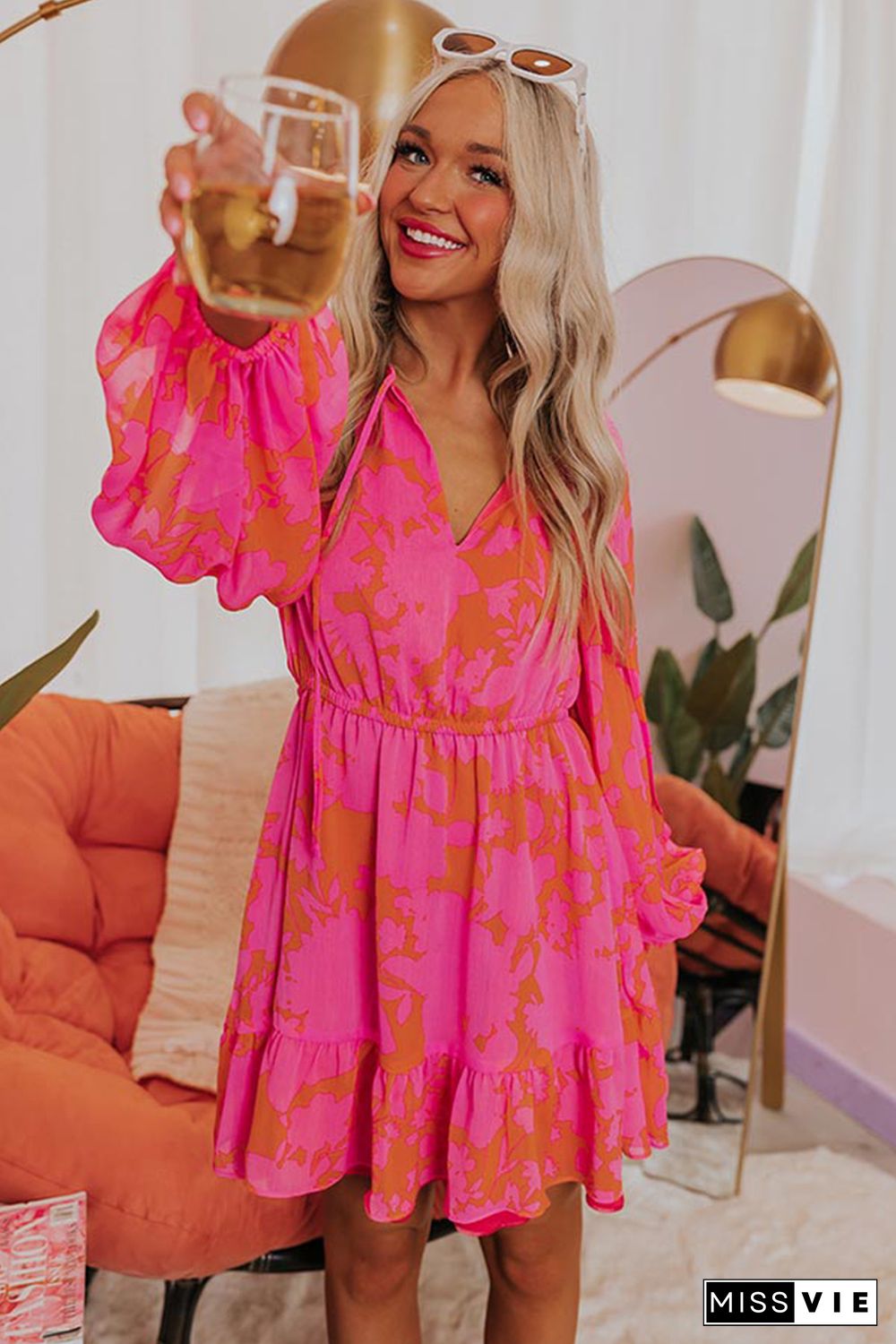 Rose Abstract Printed Puff Sleeve Ruffle Flowy Dress