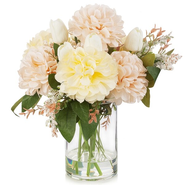 Enova Home Mixed Real Touch Tulip and Dahlia Artificial Flowers Arrangement in Clear Cylinder Glass Vase for Home Decór