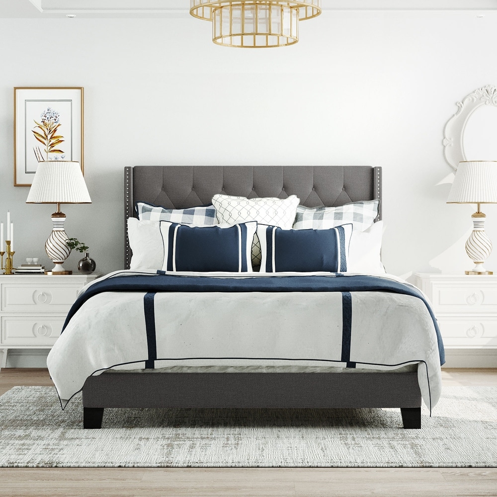 Elegant Design Queen Size Upholstered Platform Bed with Classic Linen Fabric Button Tufted Headboard  Box Spring Needed