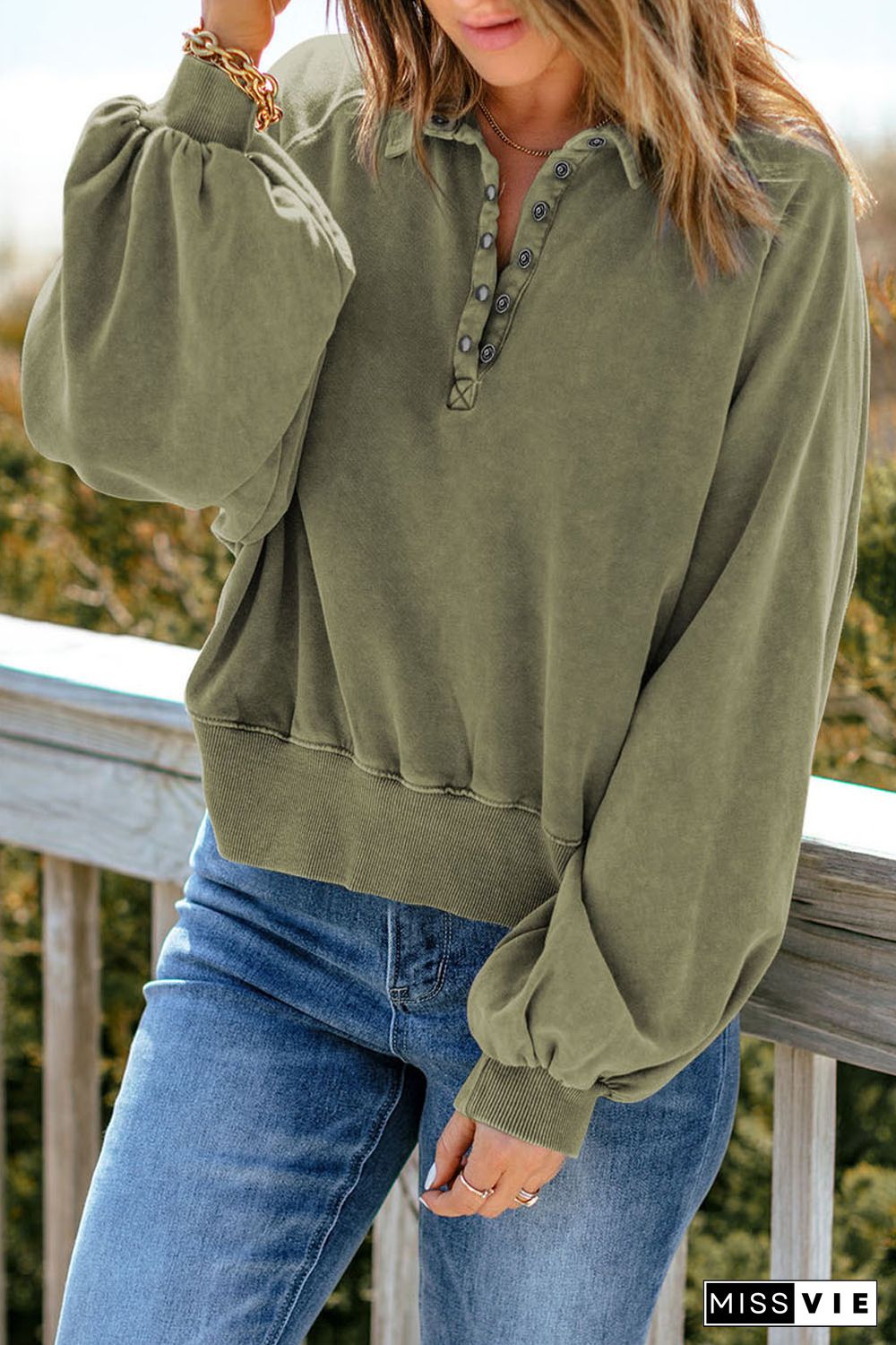 Green Washed Snap Buttons Lantern Sleeve Pullover Sweatshirt