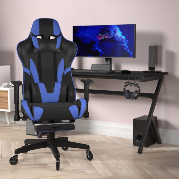 X30 Gaming Chair Racing Computer Chair with Reclining Back， Slide-Out Footrest， and Transparent Roller Wheels in Blue LeatherSoft