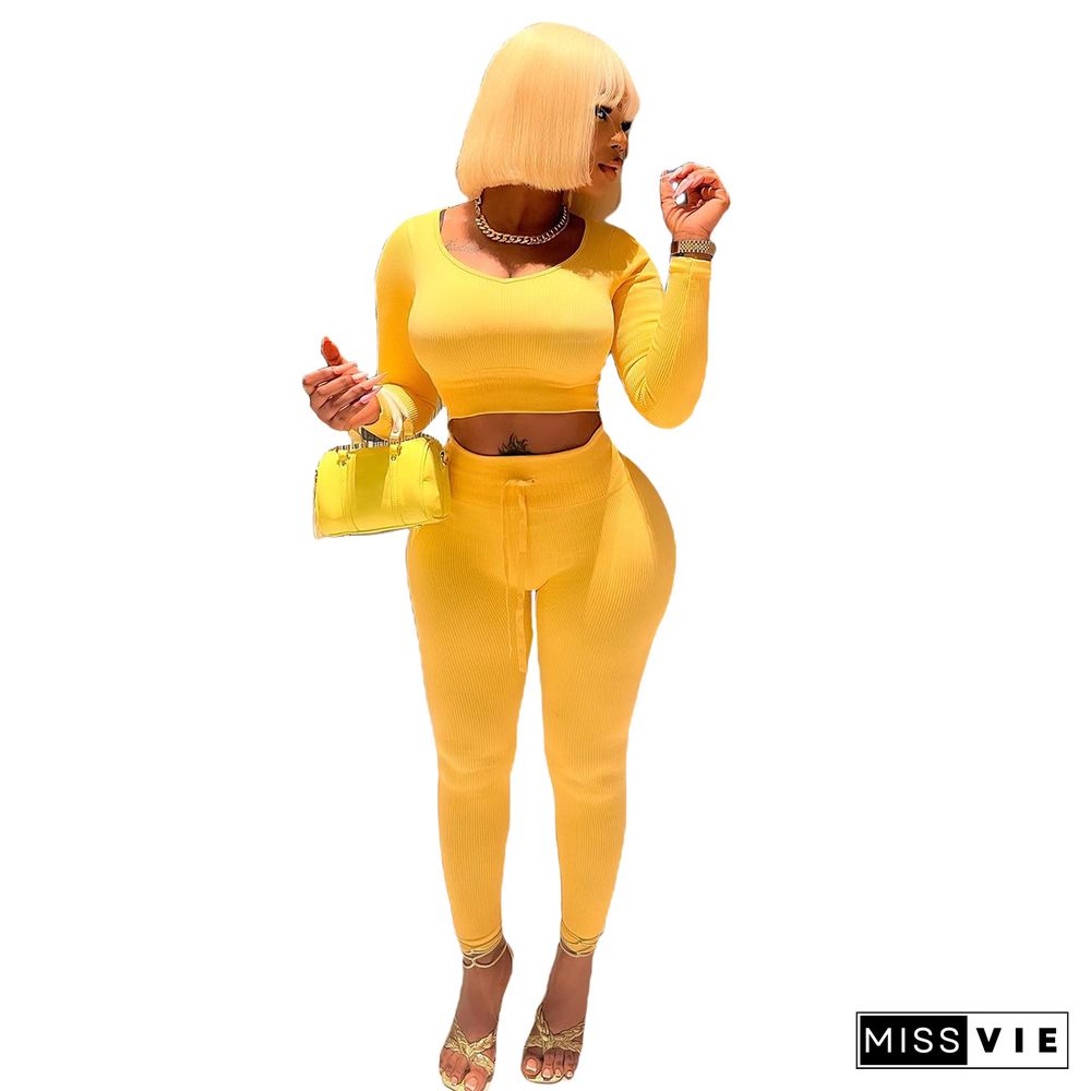 Yellow Knitted Crop Top 2 Piece Jogging Pants Sets