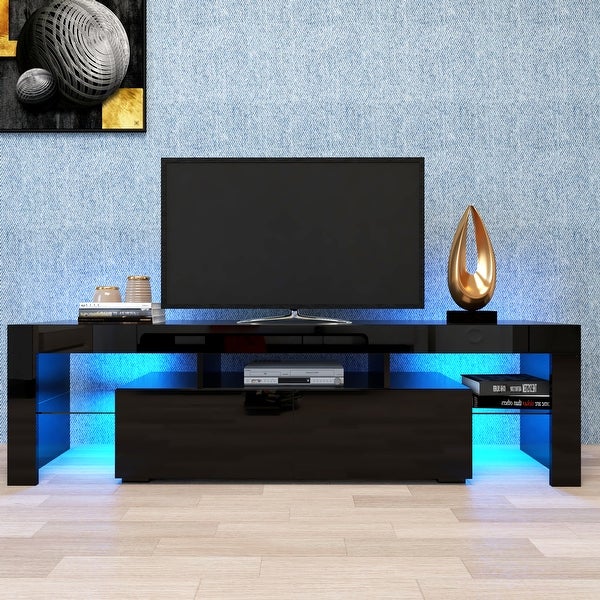 63''L Matt Laminate Finish TV Stand Cabinet with 2 Soft-Open Front Storage Doors， 20 Colors LEDandRemote Control (up to 70'')