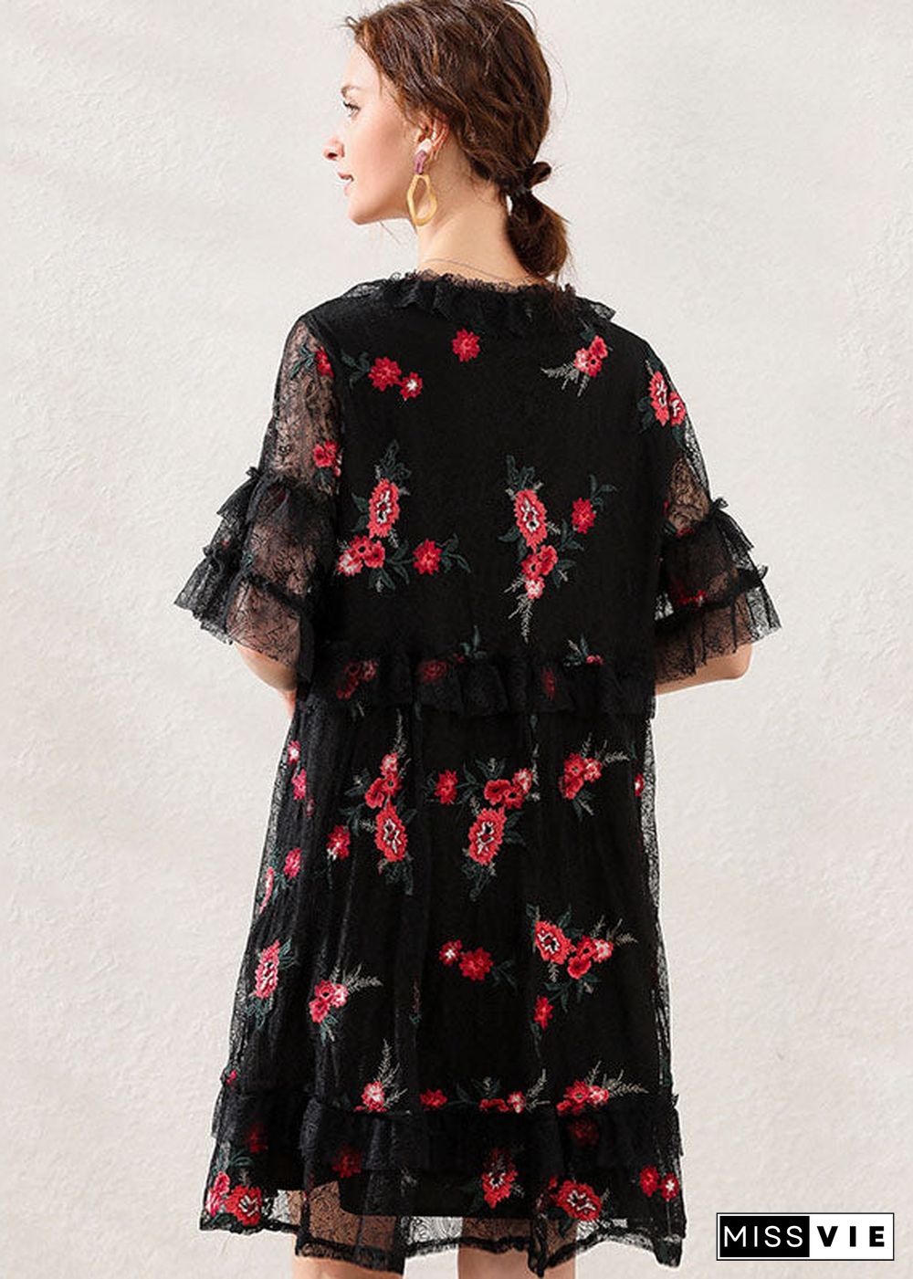 Women Black Embroideried Patchwork Lace Mid Dress Short Sleeve