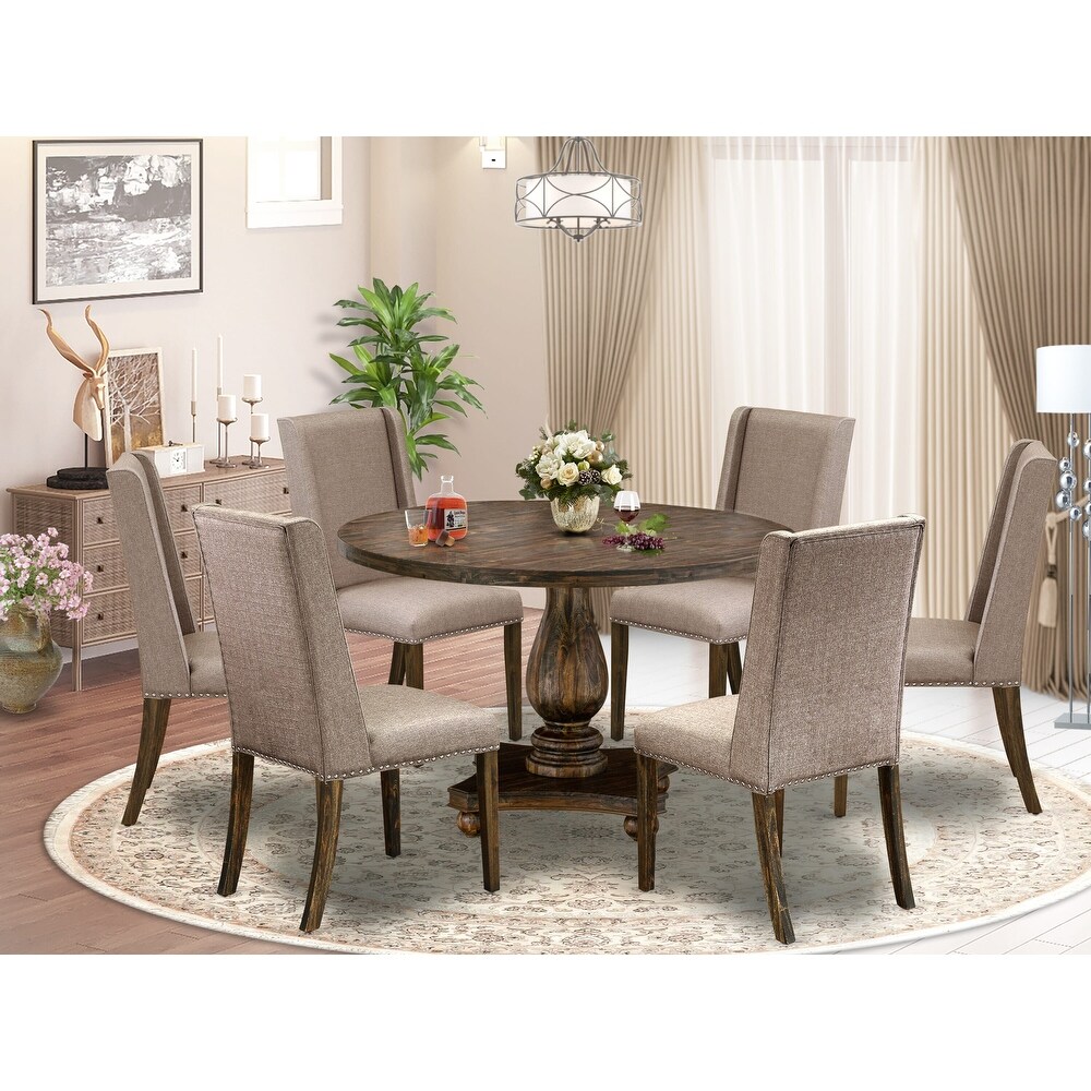 East West Furniture Dining Table Set  a Kitchen Table and Dark Khaki Linen Fabric Chairs  Distressed Jacobean (Pieces Option)