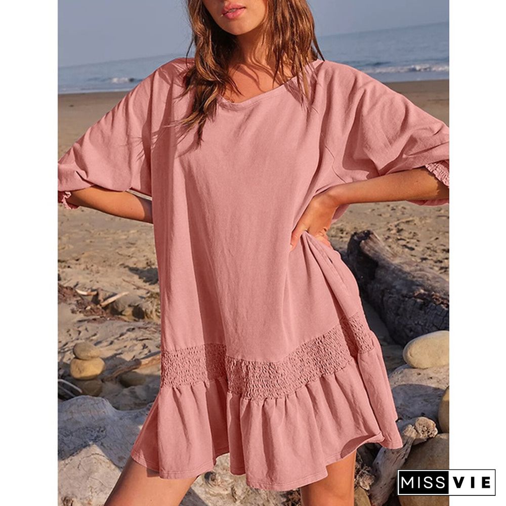 Women 3/4 Sleeve Mini Dress Ruffled Round Neck Cotton Party Casual Loose Short Dress Plus Size Clothes