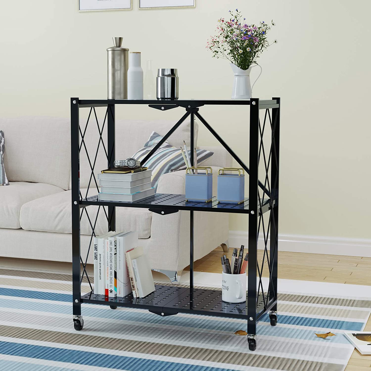 Soges 3-Tier Foldable Metal Storage Shelf Rolling Rack with Wheels Moving Utility Cart for Home Office Kitchen Garage， Black