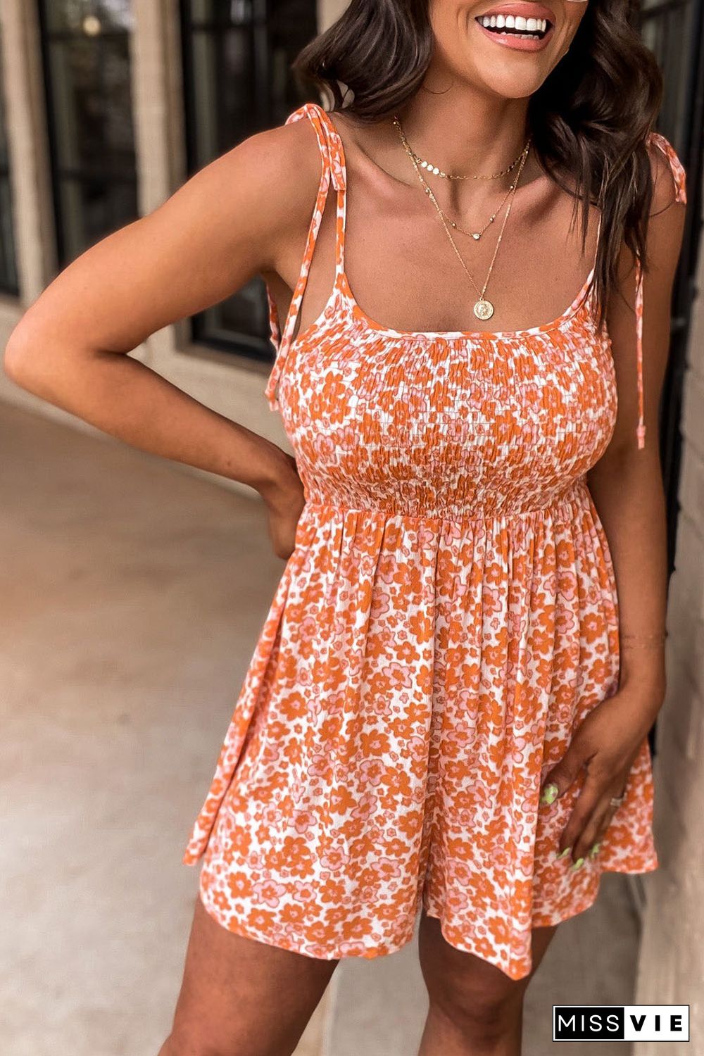 Orange Boho Floral Print Shirred Thin Straps Romper