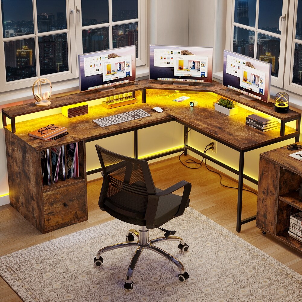 66 inch L Shaped Desk with Shelves and Monitor Stand Home Office Desk