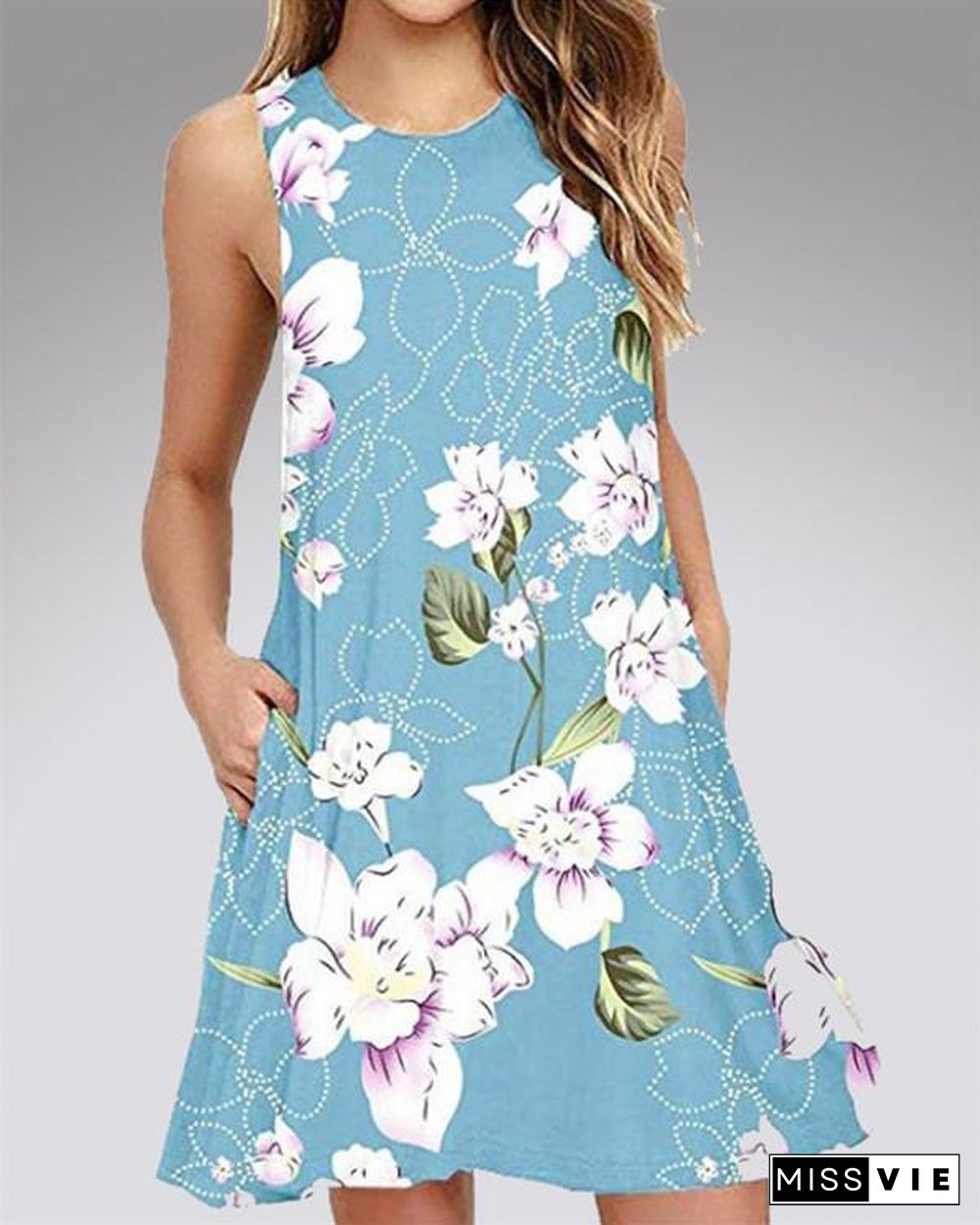 Floral Printed Fashion Sleeveless Mini Dress