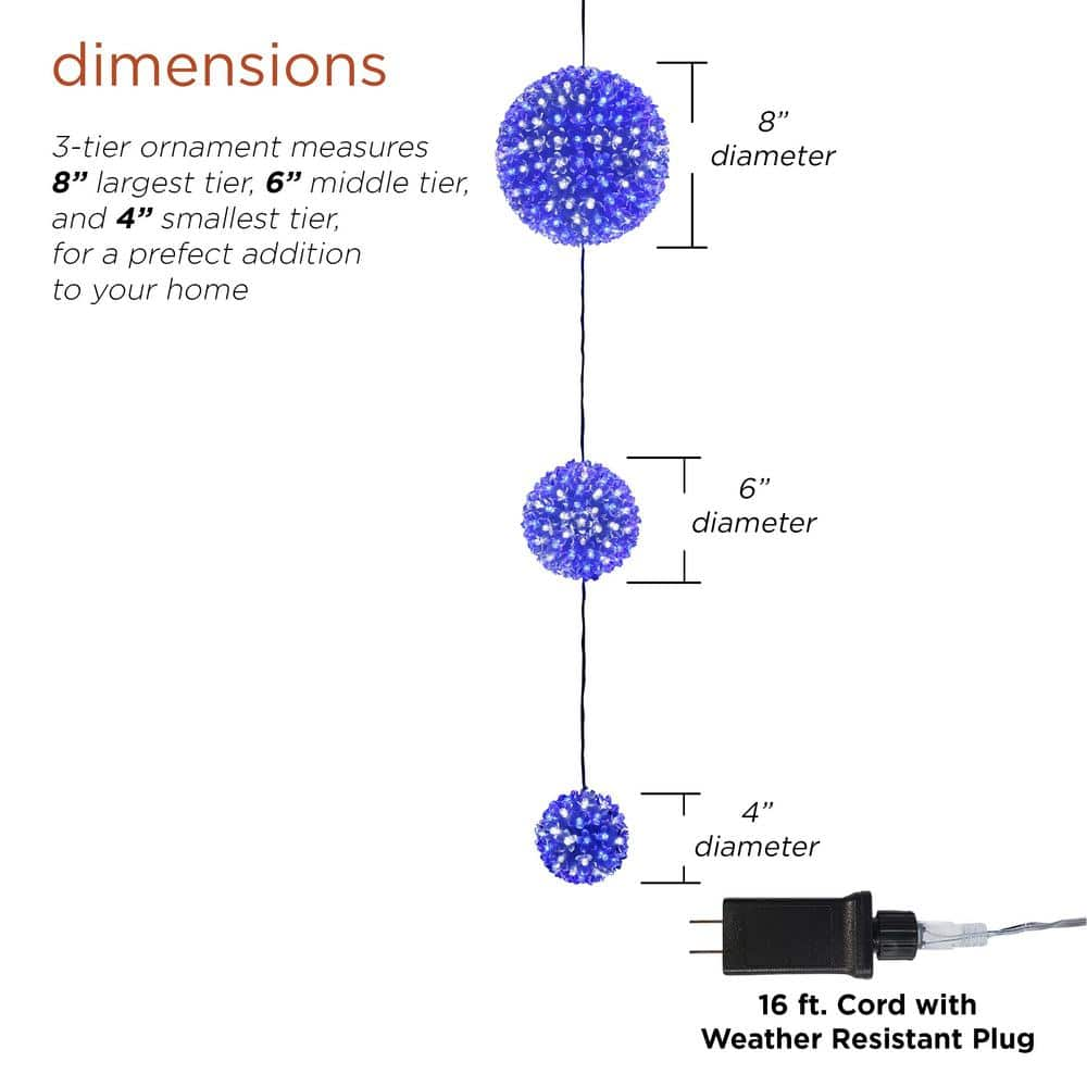 Alpine Corporation 37 in. Tall 3-Tier Christmas Ornaments With Chasing Blue and White LED Lights COR164