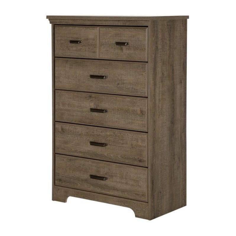 Pemberly Row Contemporary 5 Drawer Wood Chest in Weathered Oak