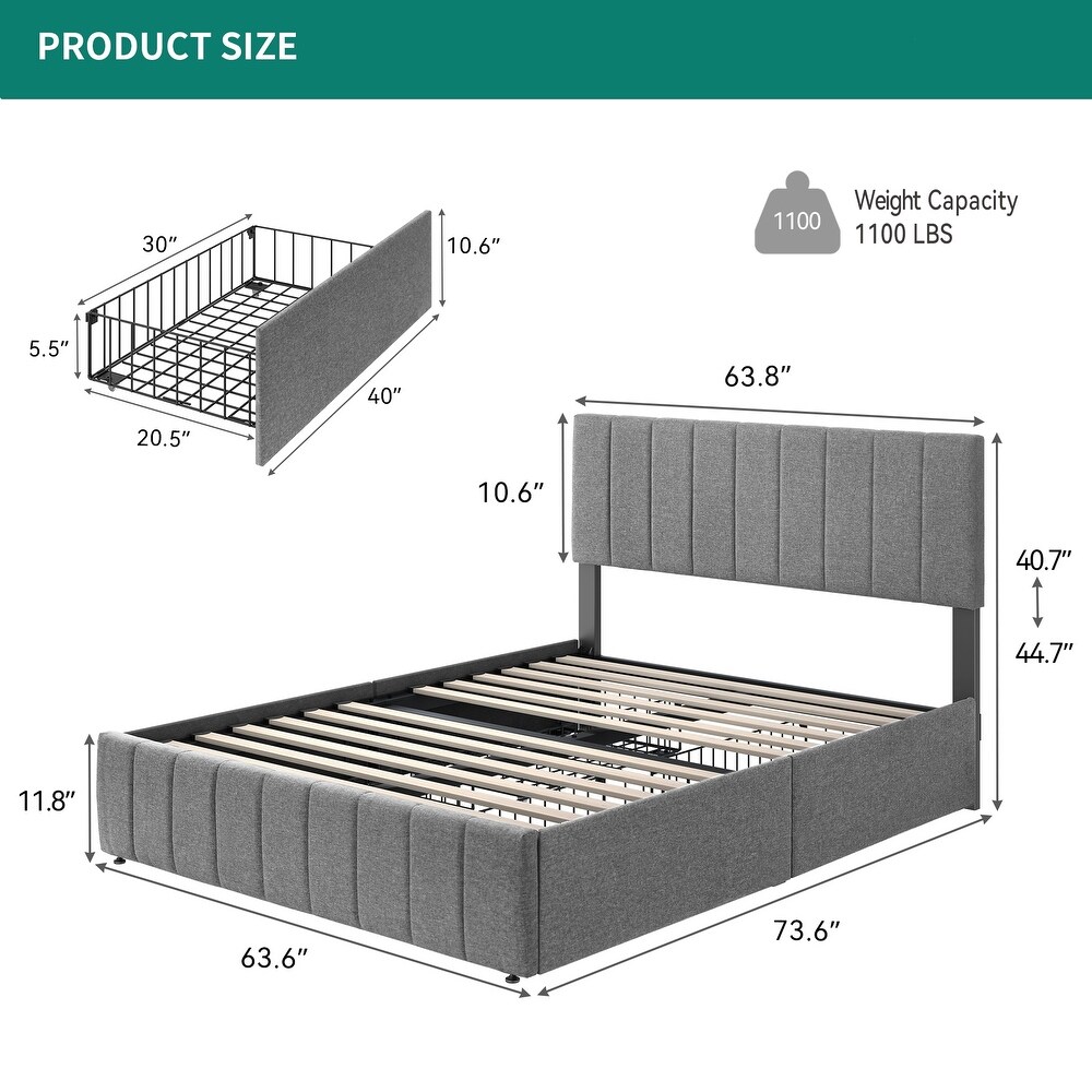 Modern Queen/King Grey Upholstered Bed Frame with Storage Drawers