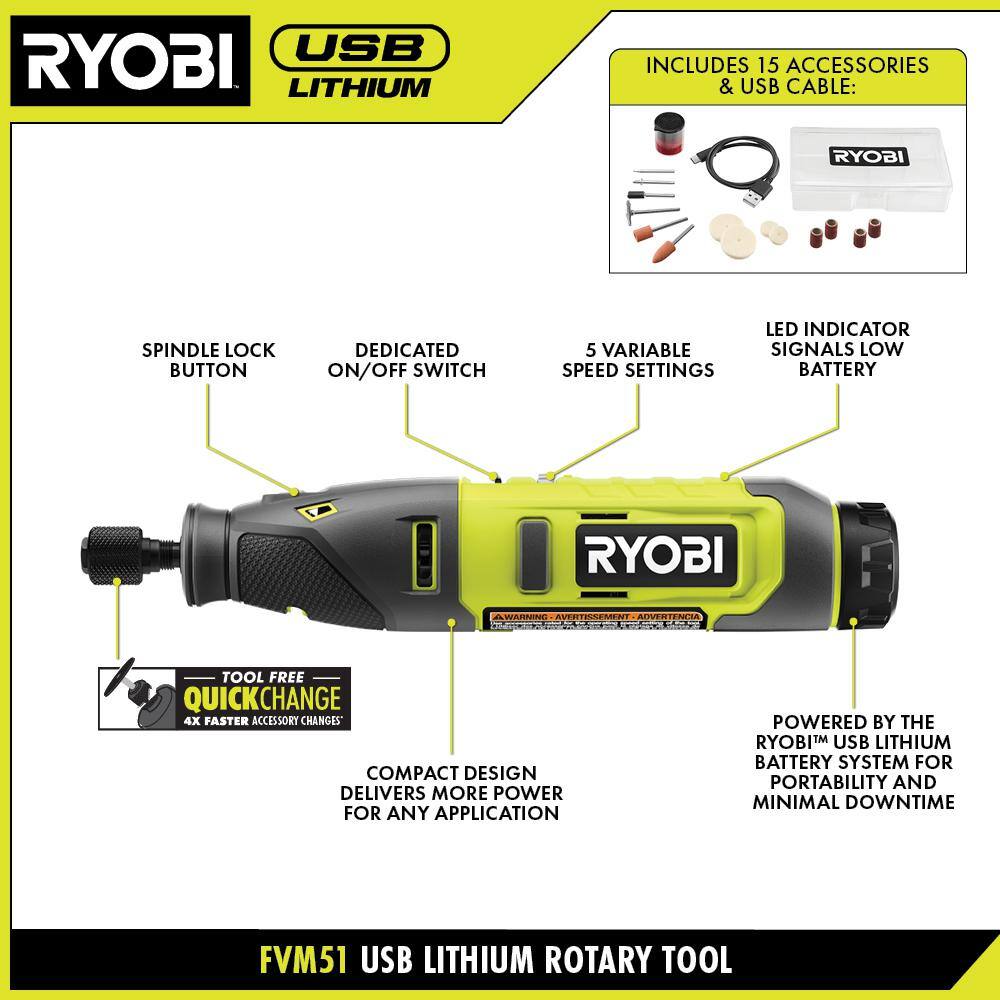 RYOBI USB Lithium 2-Tool Combo Kit with Rotary Tool Glue Pen (2) 2.0 Ah USB Lithium Batteries and (2) Charging Cables FVM51K-FVH56K