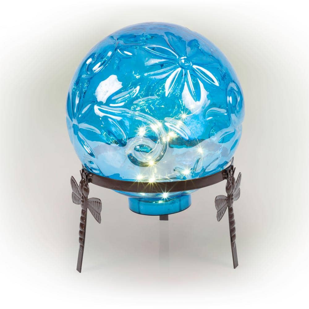 Alpine Corporation 13 in. Tall Indoor/Outdoor Pearlized Blue Glass LED Gazing Globe with Stand HGY112A-BL