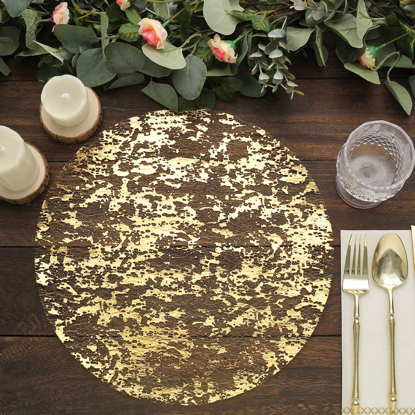 10 Pack Metallic Gold Foil Mesh Table Placemats, Disposable Round Shiny Dining Mats 13