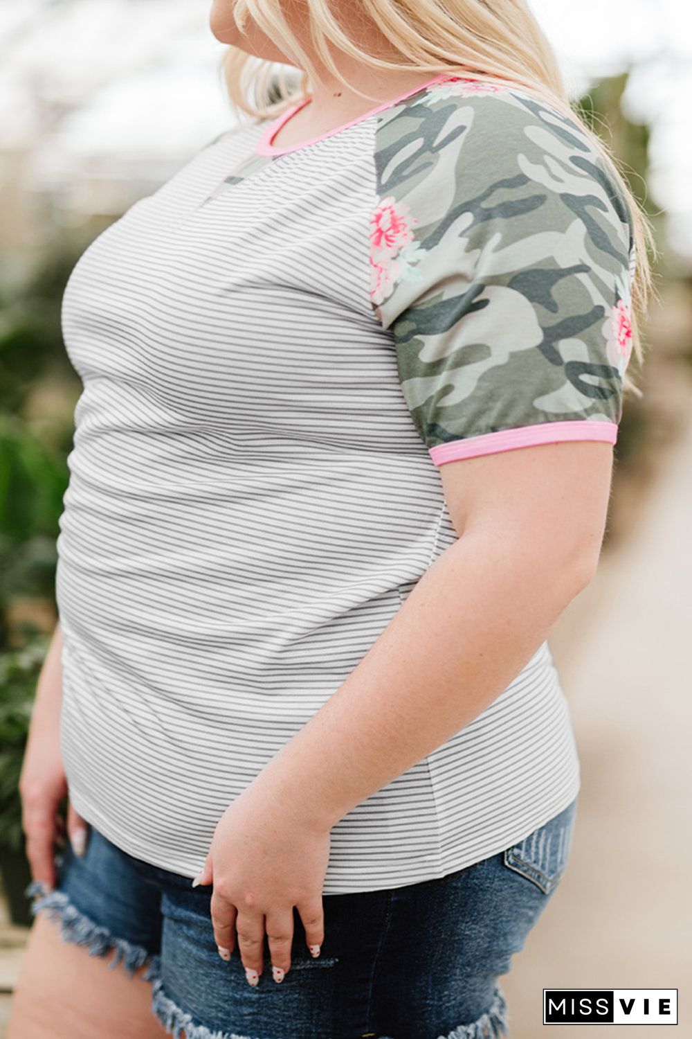 Gray Plus Size Camo Sleeve Striped Tee