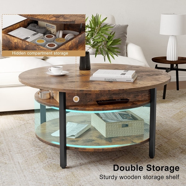 Round Lift Top Coffee Table for Living Room， 35.43'' Round Coffee Table with Storage and Hidden Compartment - as picture